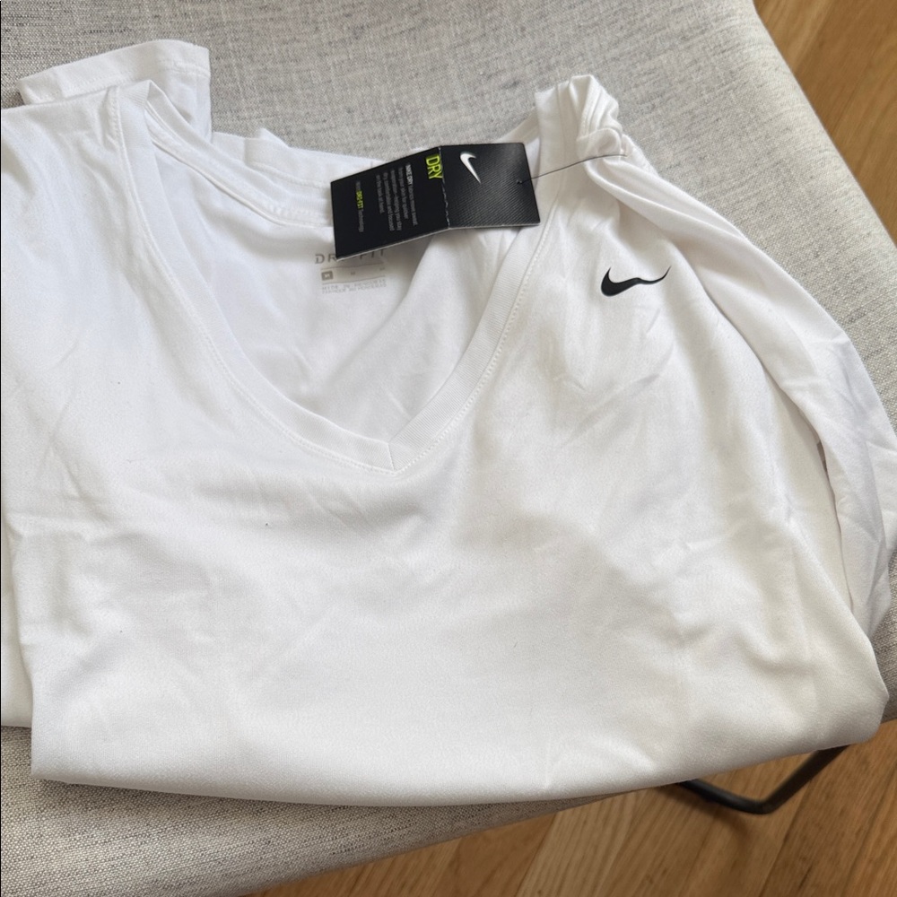 Nike White V-Neck Tee with Black Swoosh